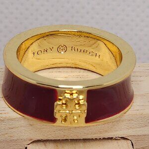 Tory Burch Maroon Enamel Ring with Gold Logo Designer Accessory size 5.5 to 5.75